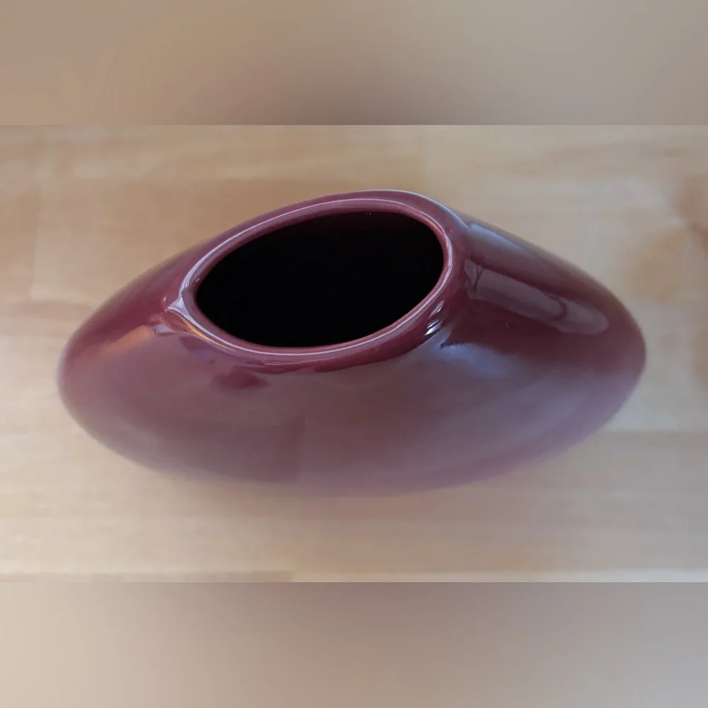 Vintage Asymmetrical Rim Maroon Vase Pottery Art Deco Romance Farmhouse MCM